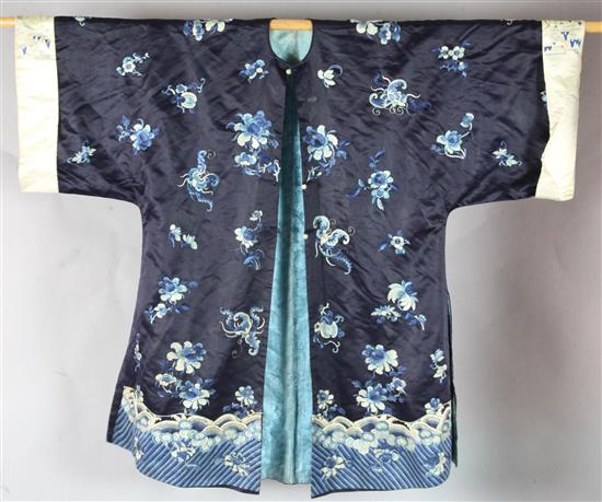 A Chinese midnight blue satin robe, late Qing dynasty,